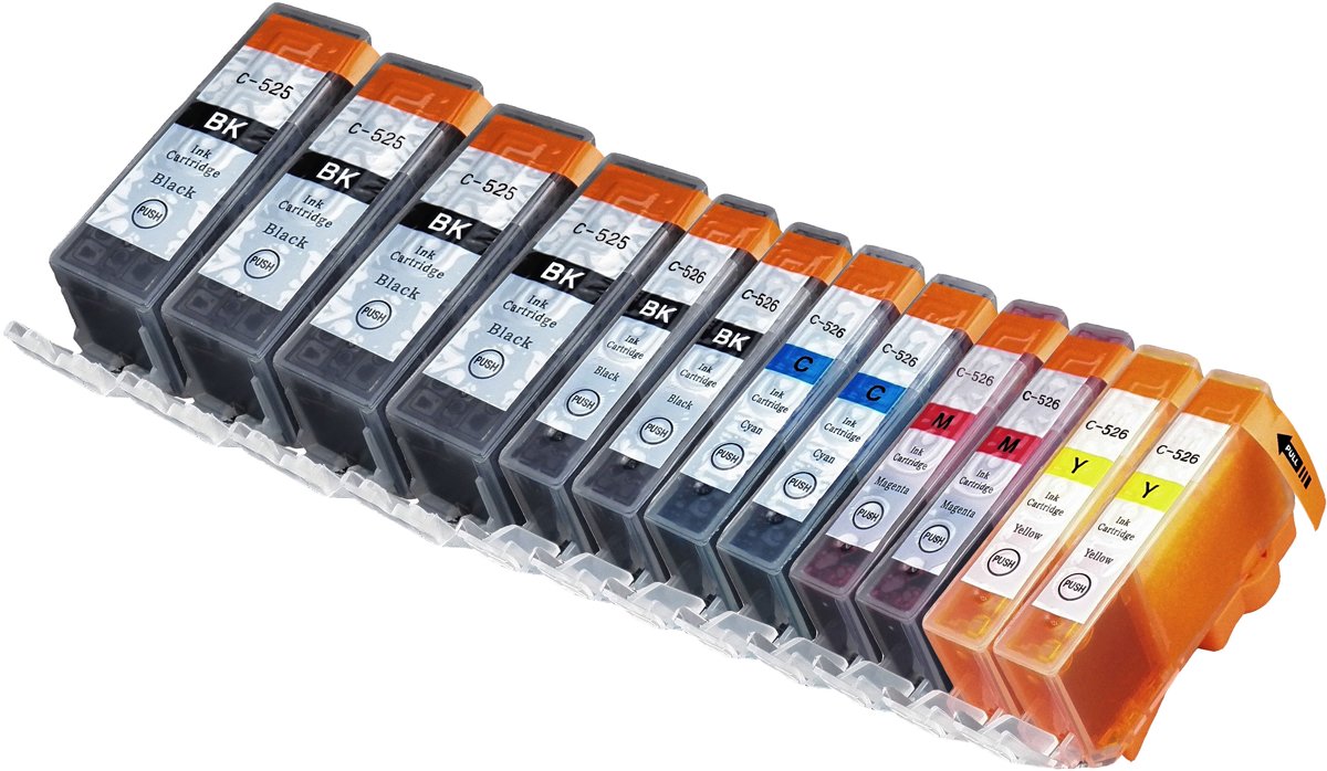 Merkloos   Inktcartridge / Alternatief voor de  Canon CLI-526 | PGI-525 cartridges, set van 12 stuks. Foto Zwart / Zwart / Cyaan / Magenta / Geel / Hoge Capaciteit